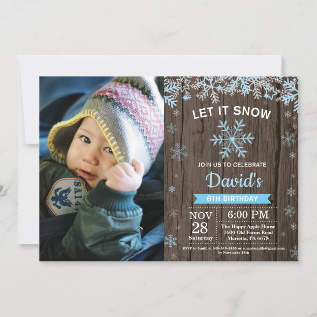 Invitation Anniversaire Garçon Hiver Rustique Flocon de Neige (Devant)