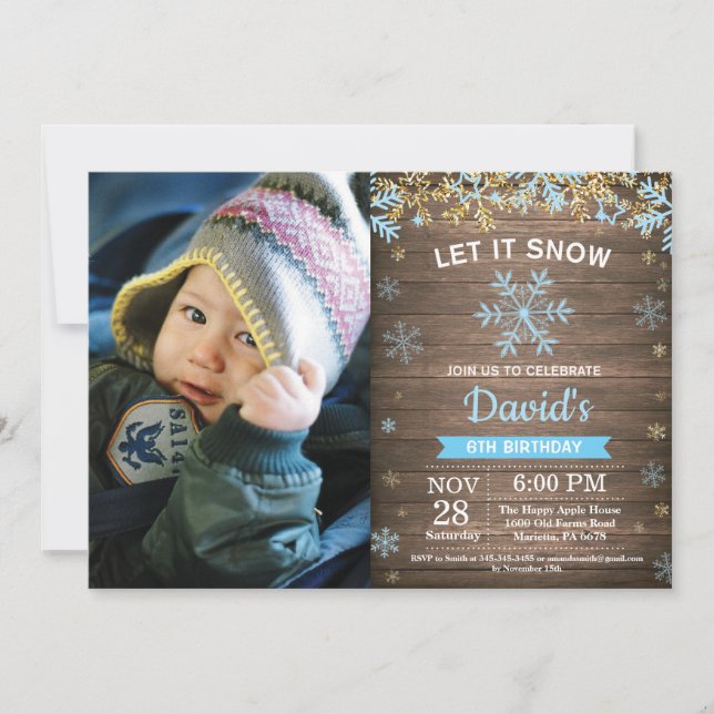 Invitation Anniversaire Garçon Hiver Rustique Flocon de Neige (Devant)