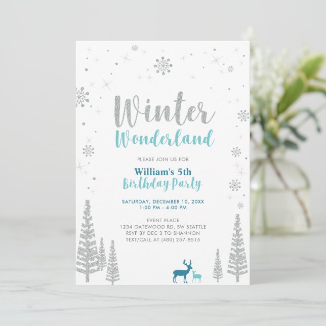 Invitation Anniversaire Garçon Hiver Silver & Green Wonderlan (Debout devant)