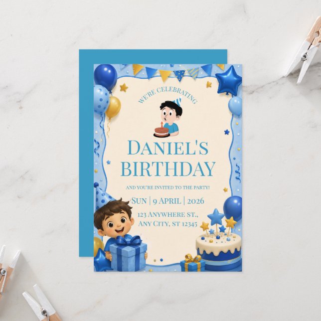 Invitation anniversaire garçon mignon bleu et or (Devant/Arrière en situation)