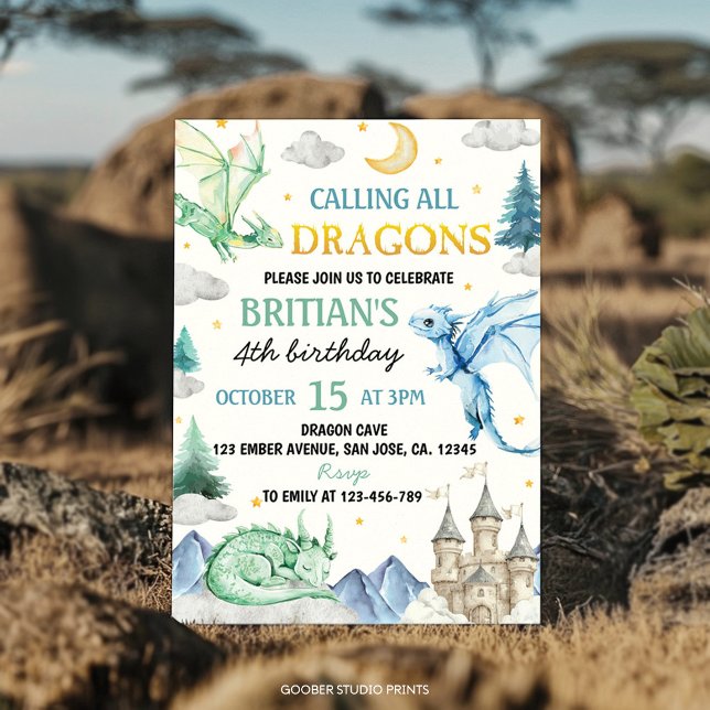 Invitation Anniversaire Garçon Mignon Dragon Aquar (Créateur téléchargé)