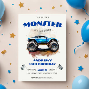 Invitation Anniversaire Garçon Monster Truck Aquarelle Modern