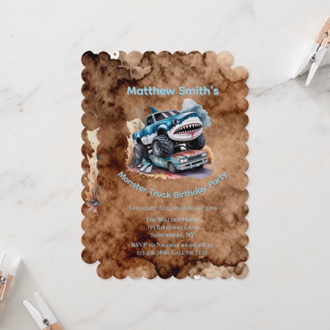 Invitation Anniversaire Garçon Monster Truck Requin Patauge d (Devant/Arrière en situation)
