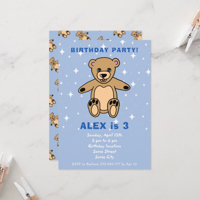 Invitation Anniversaire Garçon Ours en Peluche Bleu Mignon (Devant/Arrière en situation)