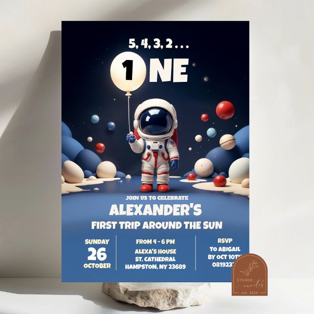 Invitation Anniversaire Garçon Premier Bleu Astronaute Espace (Créateur téléchargé)