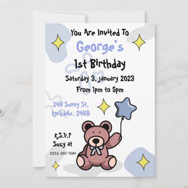Invitation Anniversaire Garçon Teddy Ours (Devant)