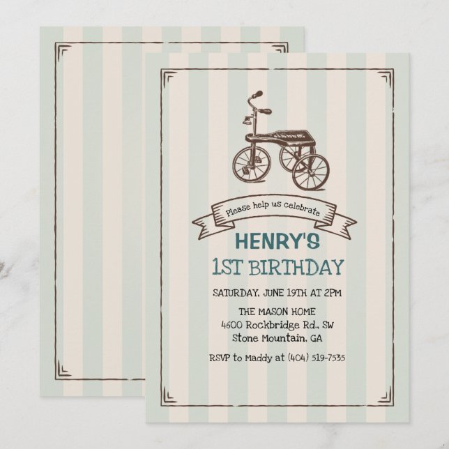 Invitation anniversaire garçon tricycle vintage -  (Devant / Derrière)
