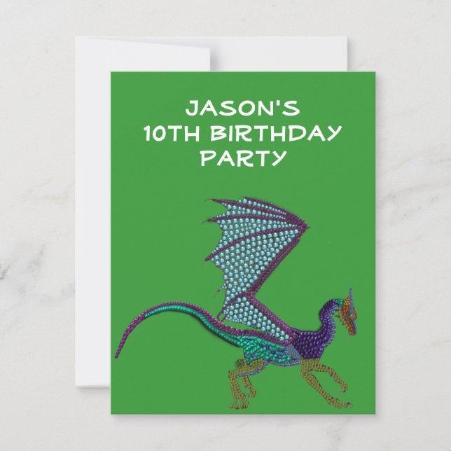 Invitation Anniversaire Garçons Dragon Perlé Vert (Devant)