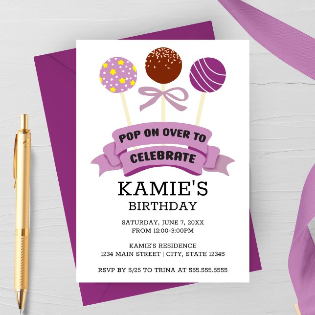 Invitation Anniversaire Gâteaux Pop Violet (Purple Cake Pops Birthday Party Invitation)