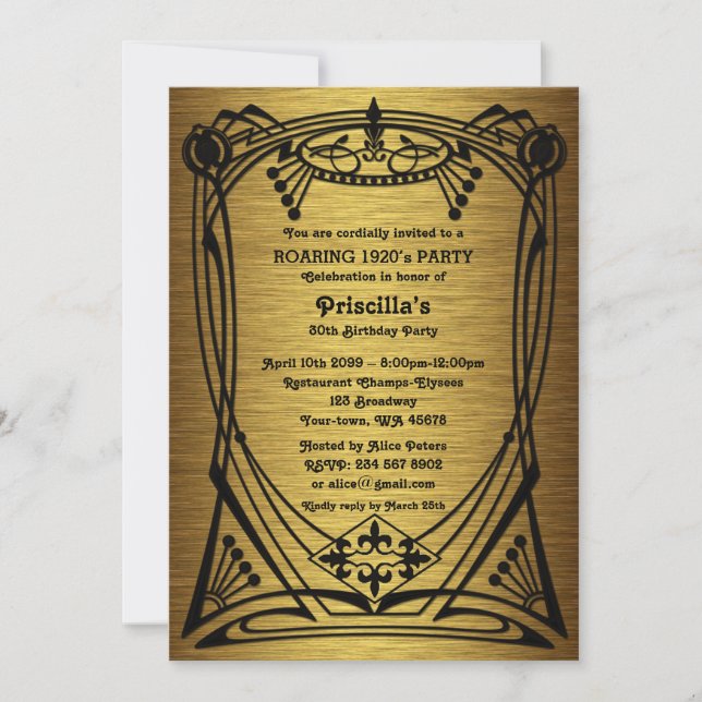 Invitation Anniversaire, Gatsby style, or noir, monogramme (Devant)