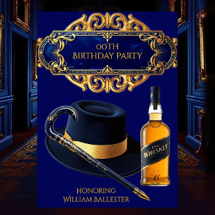 Invitation Anniversaire Gentlemen Chapeau Canne Whisky Or Mar