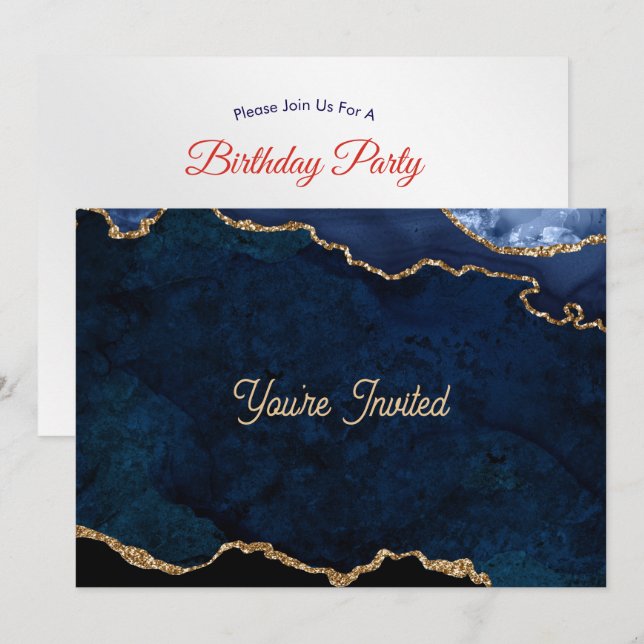 Invitation Anniversaire Geode Bleu Doré (Devant / Derrière)