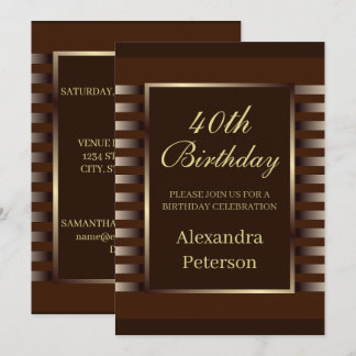 Invitation Anniversaire Géométrique Chic Brown Et Gold Stripe