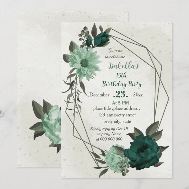 Invitation anniversaire géométrique des fleurs vert émeraude (Devant / Derrière)