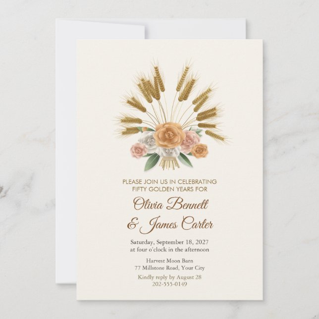 Invitation Anniversaire Gerbe de Blé Doré et Roses Ambrées (Devant)