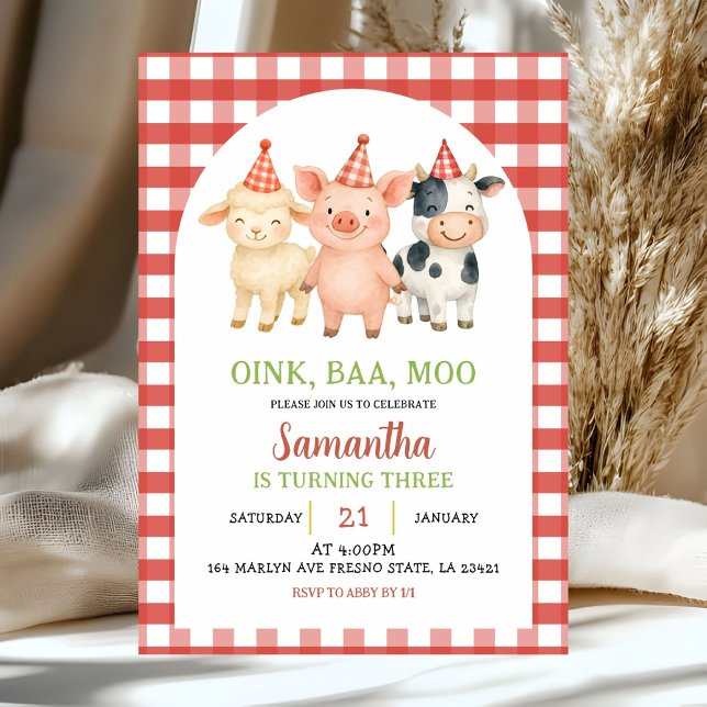 Invitation anniversaire gingham fête à la ferme (Créateur téléchargé)