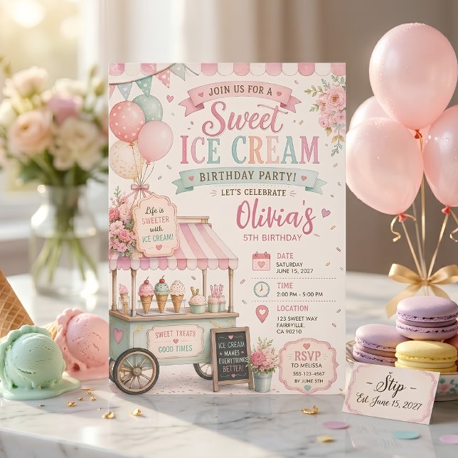 Invitation Anniversaire Glace Pastel | Douceur Vintage (Créateur téléchargé)