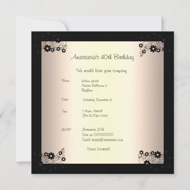 Invitation Anniversaire Glamour Crème Fleur Noir (Devant)