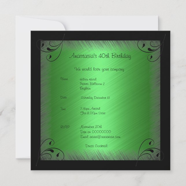 Invitation Anniversaire Glamour Vert Noir Floral (Devant)