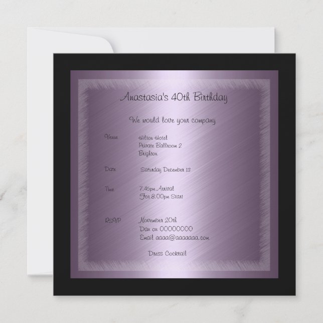 Invitation Anniversaire Glamour Violet (Devant)