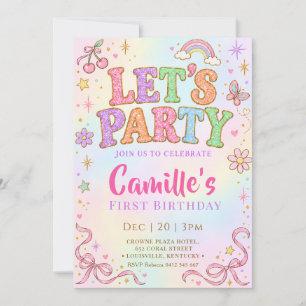 Invitation Anniversaire Glitter Arc-en-ciel Pastel