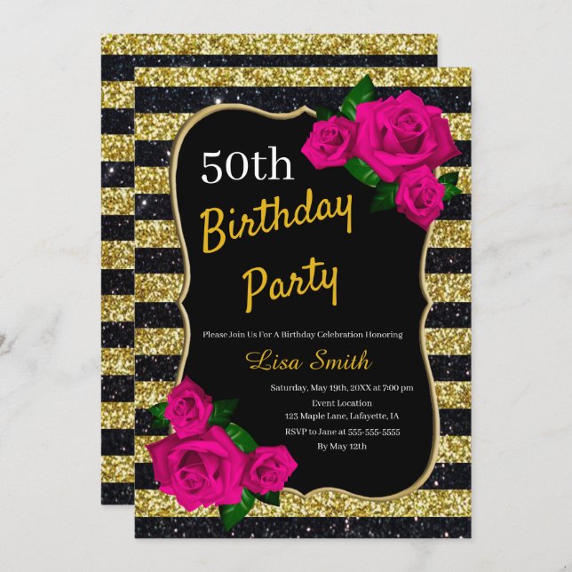 Invitation Anniversaire Gold Black Stripes Parties scintillan (Devant / Derrière)