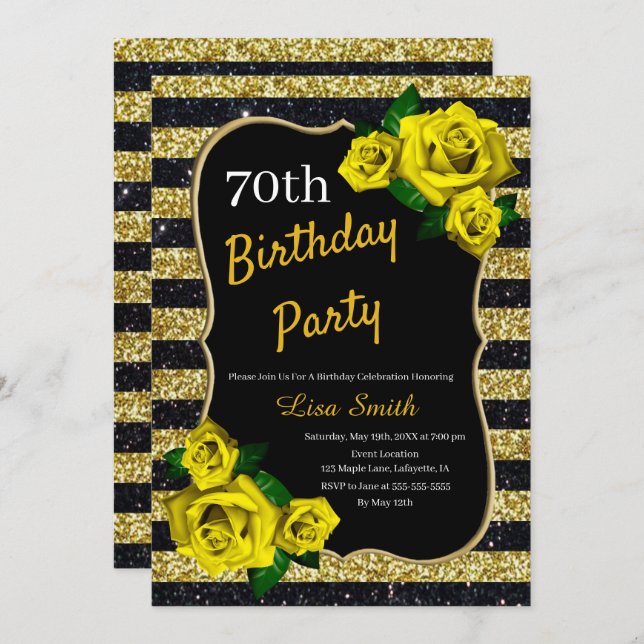 Invitation Anniversaire Gold Black Stripes Parties scintillan (Devant / Derrière)