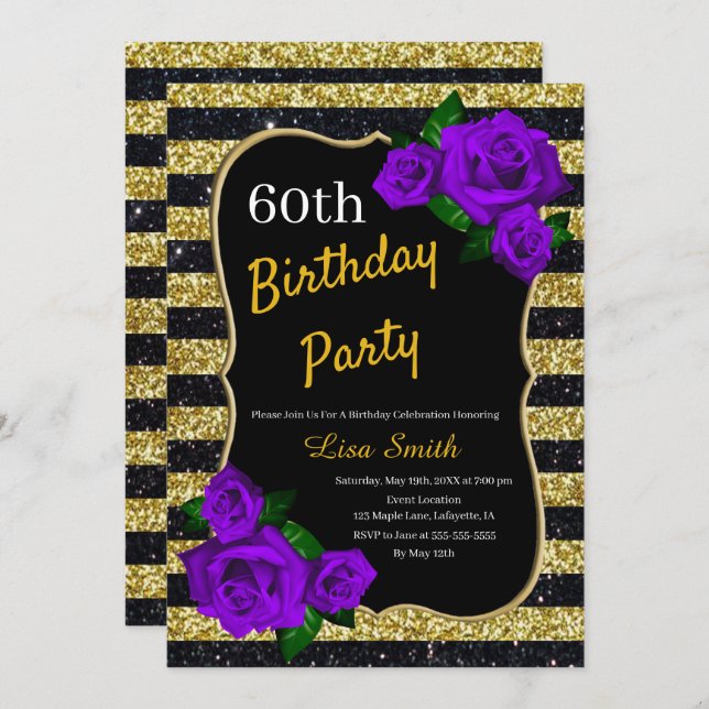 Invitation Anniversaire Gold Black Stripes Parties scintillan (Devant / Derrière)