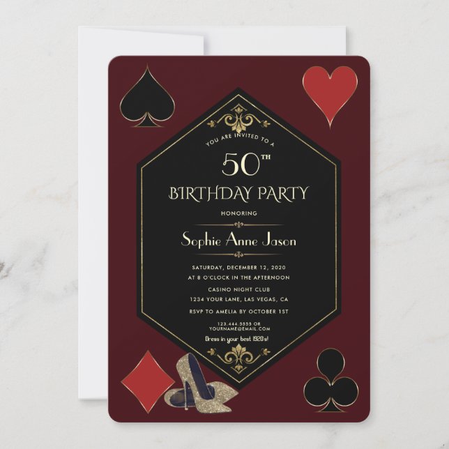 Invitation Anniversaire Gold Deep Burgundy Art Déco Gatsby Ca (Devant)