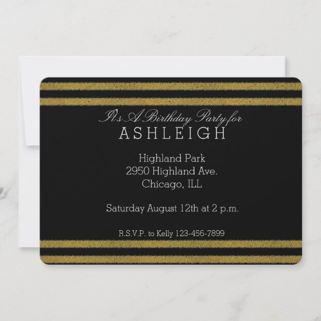 Invitation Anniversaire Gold et Black Chic Stripes (Devant)