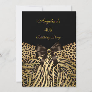 Invitation Anniversaire Gold Leopard Brown Black Bow