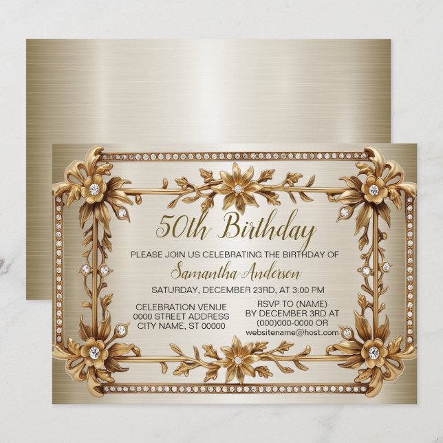 Invitation Anniversaire Gold Ornate Rectangle Dimond Flower (Devant / Derrière)