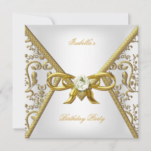 Invitation Anniversaire Gold White Damask Bow Image