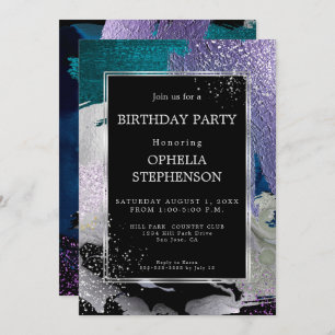 Invitation Anniversaire Gras Violet Turquoise Brush Strots