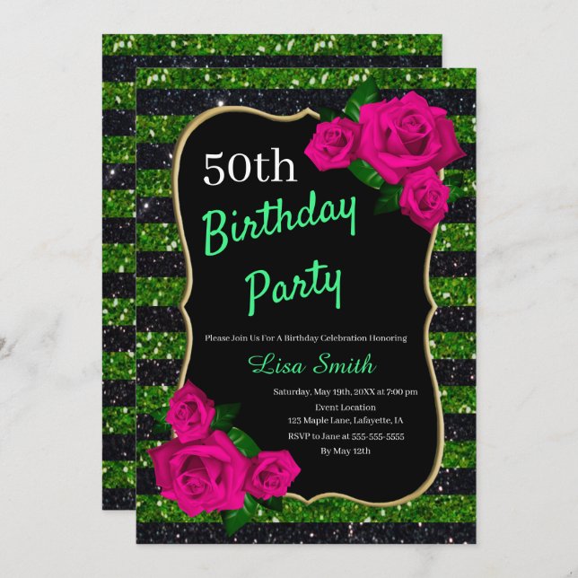 Invitation Anniversaire Green Black Stripes Parties scintilla (Devant / Derrière)