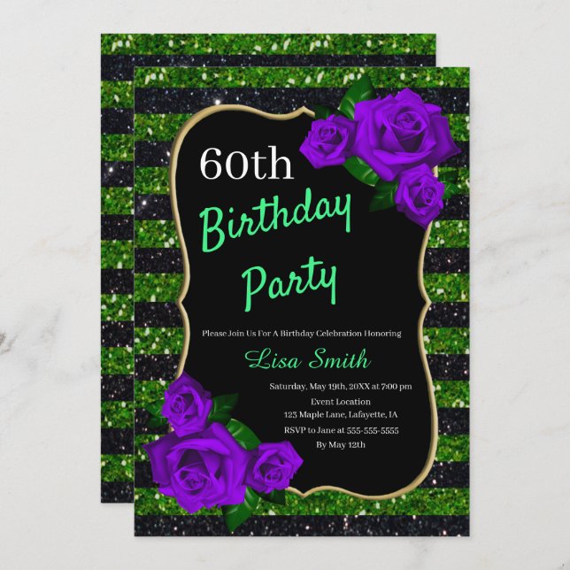 Invitation Anniversaire Green Black Stripes Parties scintilla (Devant / Derrière)