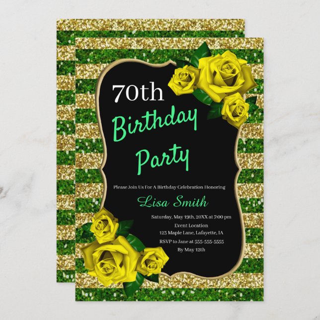 Invitation Anniversaire Green Gold Stripes Parties scintillan (Devant / Derrière)