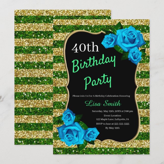Invitation Anniversaire Green Gold Stripes Parties scintillan (Devant / Derrière)