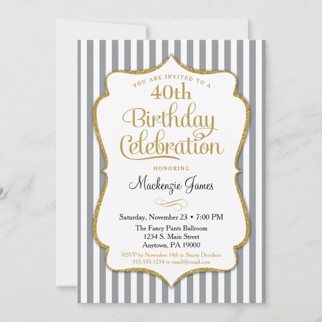Invitation Anniversaire Gris Or Gris Adultes (Devant)