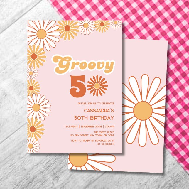 Invitation Anniversaire Groovy Rétro Daisy Boho Orange Rose (Créateur téléchargé)