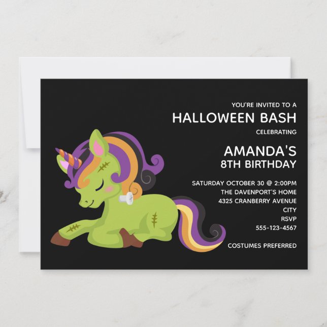 Invitation Anniversaire Halloween licorne Frankenstein mignon (Devant)
