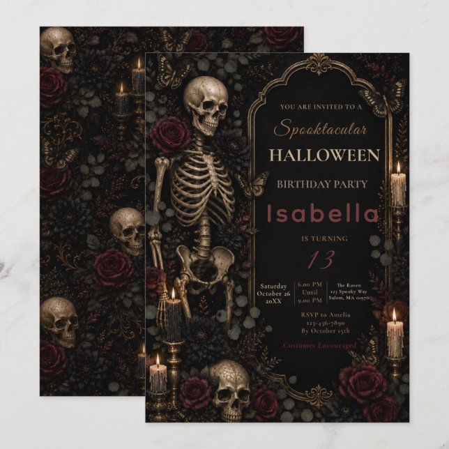 Invitation Anniversaire Halloween squelette gothique (Devant / Derrière)