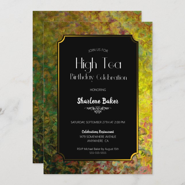 Invitation Anniversaire High Tea Black and Gold Party (Devant / Derrière)