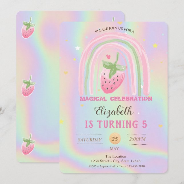 Invitation  Anniversaire holographique fraise arc-en-ciel  (Devant / Derrière)