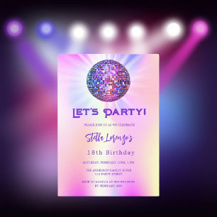 Invitation Anniversaire holographique rose Disco party