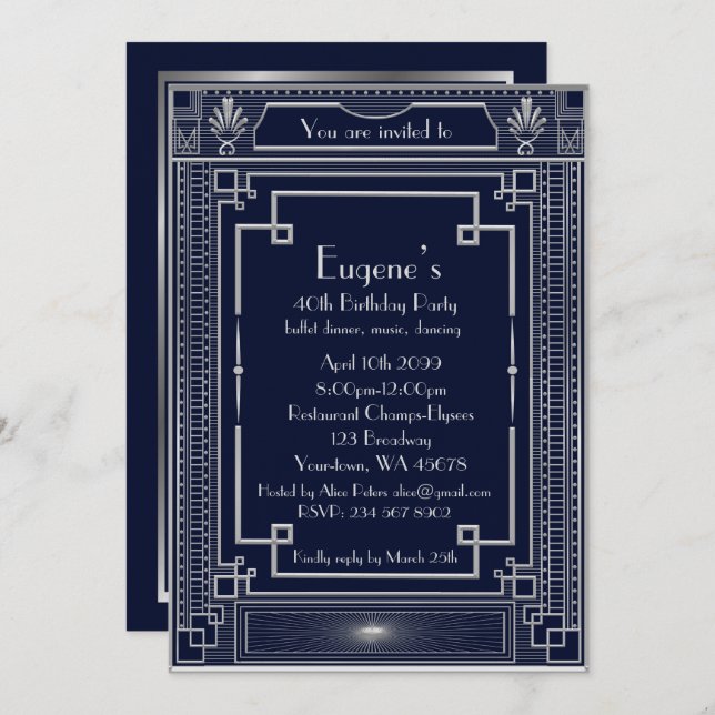 Invitation Anniversaire homme de fête, argent style Gatsby, m (Devant / Derrière)
