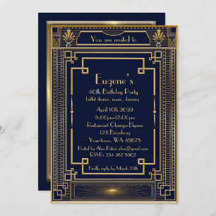 Invitation Anniversaire homme de fête, or style Gatsby, marin