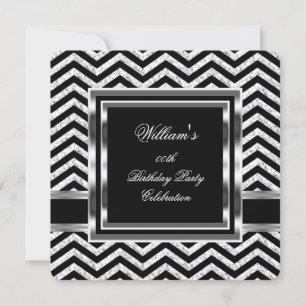 Invitation Anniversaire Homme Élégant Chevron Noir Argenté Fê