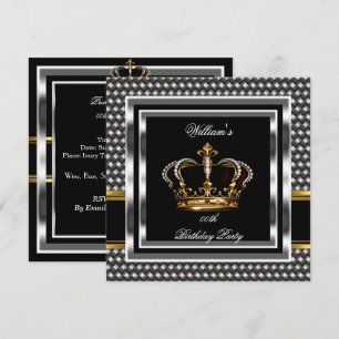 Invitation Anniversaire Homme Noir Élégant Argent Prince Roi