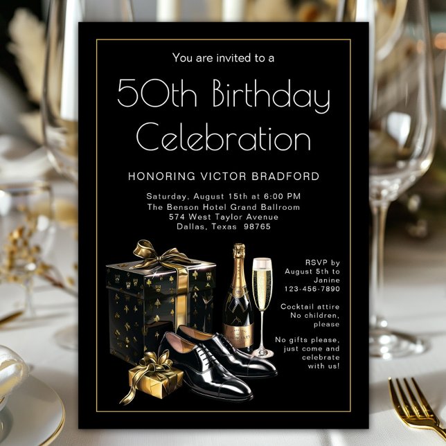 Invitation Anniversaire Homme Noir et Or de Luxe (Celebrate in style! Classy sophisticated black and gold any number birthday and event invitation. )